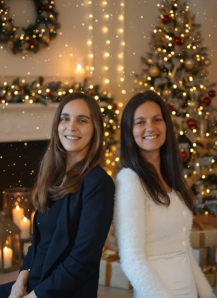 Jacqueline Schade & Julia Zeng vor festlich geschmücktem Weihnachtsbaum, goldene Lichter im Hintergrund