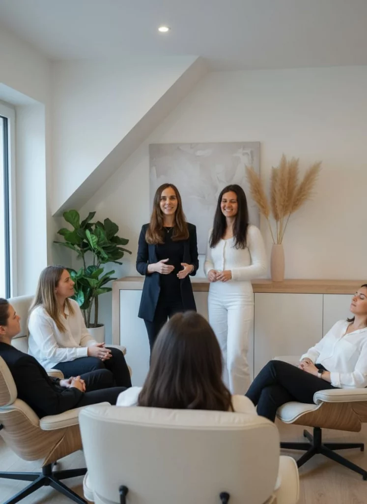 Jacqueline Schade & Julia Zeng begleiten Teilnehmerinnen bei einem festlichen Hypnose-Event