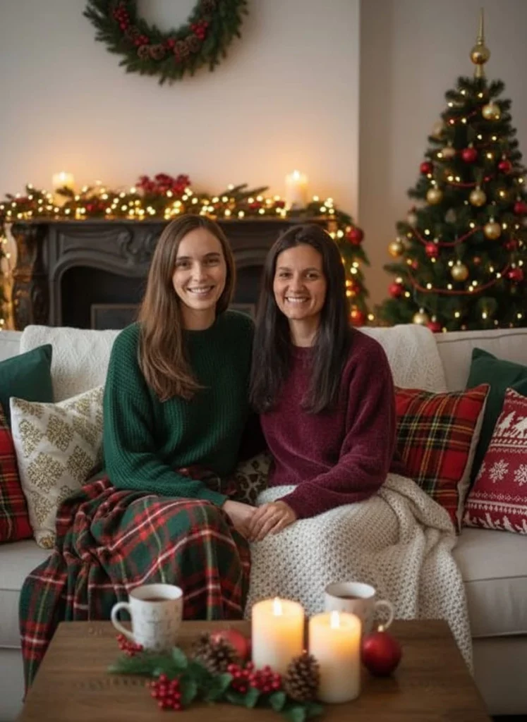 Jacqueline Schade & Julia Zeng auf gemütlichem Sofa mit Decke vor Kamin