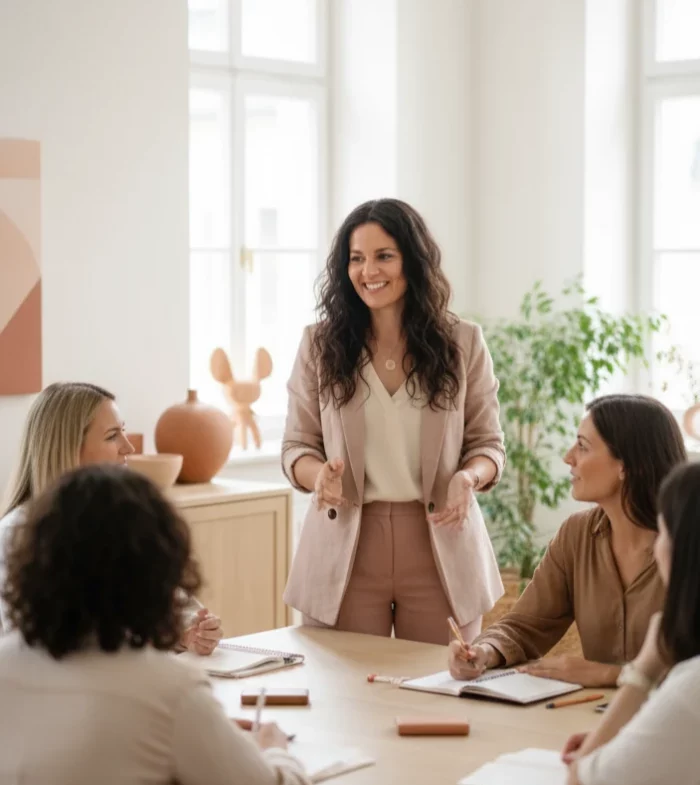 Jacqueline Schade leitet ein Gruppencoaching in der Feelgood Academy – Fokus auf Persönlichkeitsentwicklung, innere Klarheit und Verbindung.