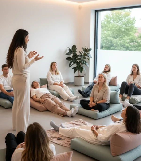 Jacqueline Schade führt eine Hypnose-Session in achtsamer Atmosphäre – ein Moment der Transformation und inneren Ruhe.