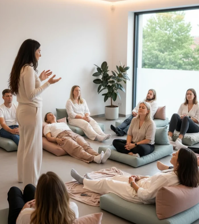 Jacqueline Schade führt eine Hypnose-Session in achtsamer Atmosphäre – ein Moment der Transformation und inneren Ruhe.