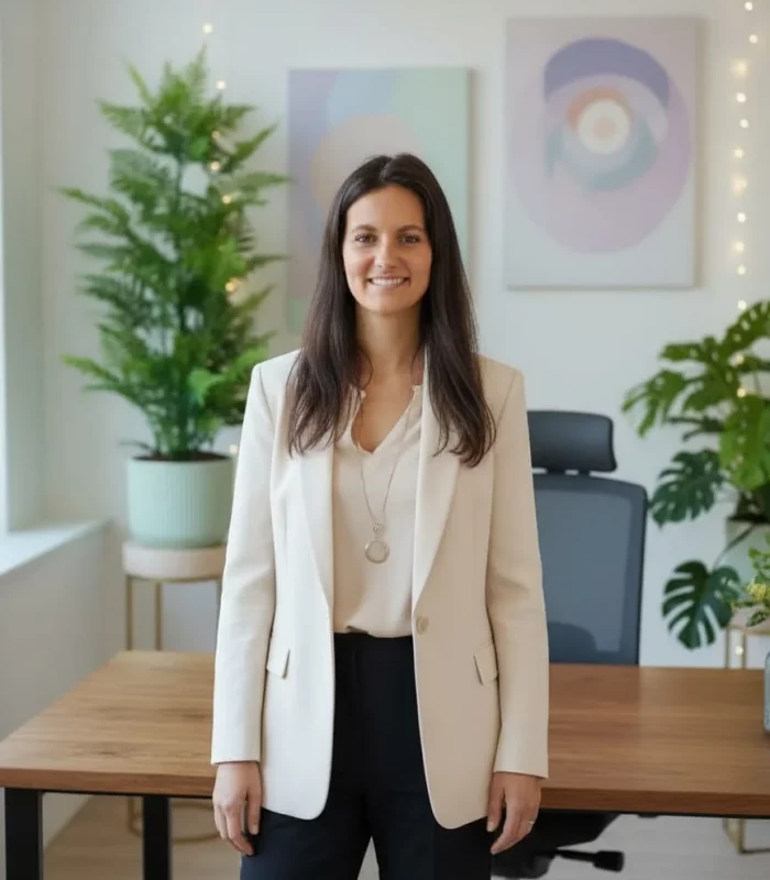 Jacqueline Schade, Gründerin der Feelgood Academy, in ruhiger Büroatmosphäre - über uns