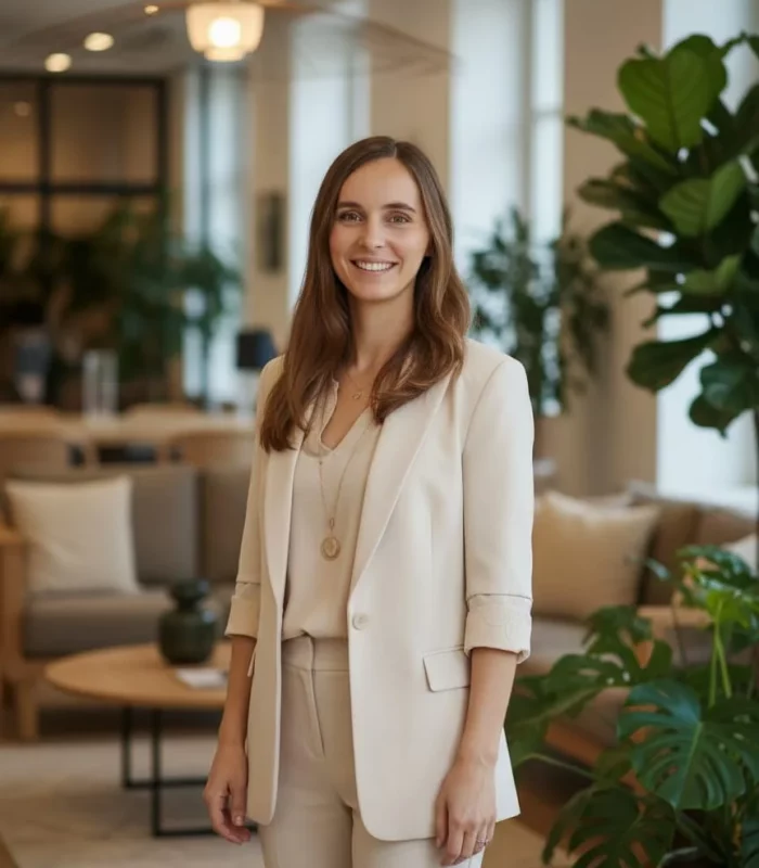 Julia Zeng, Gründerin der Feelgood Academy, im modernen Atelier mit natürlicher Atmosphäre